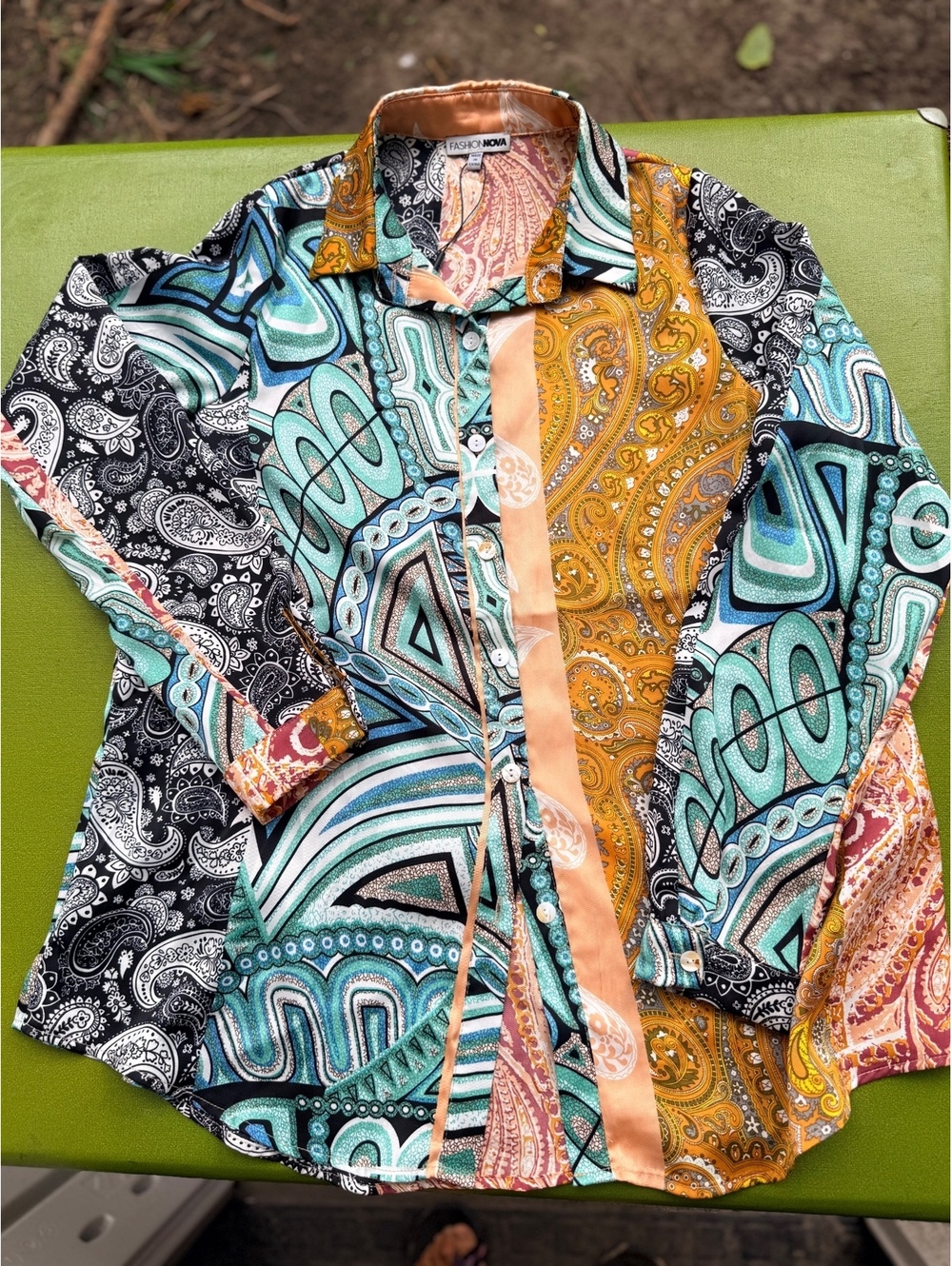 Fashion Nova NWT small oversized patchwork printed blouse